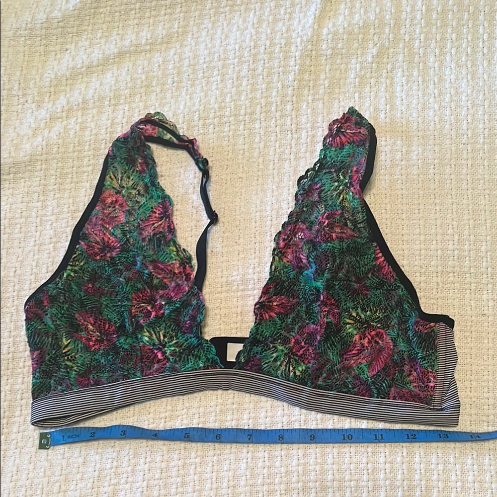 Xhilaration Green and Pink Floral Bralette with Stripe Contrast Band